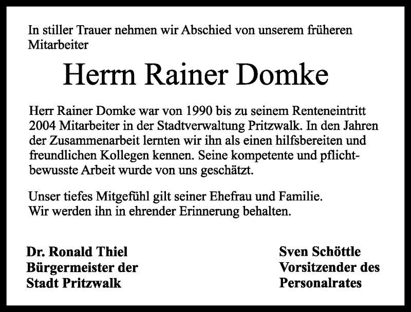  Traueranzeige für Rainer Domke vom 11.01.2020 aus Märkischen Allgemeine Zeitung
