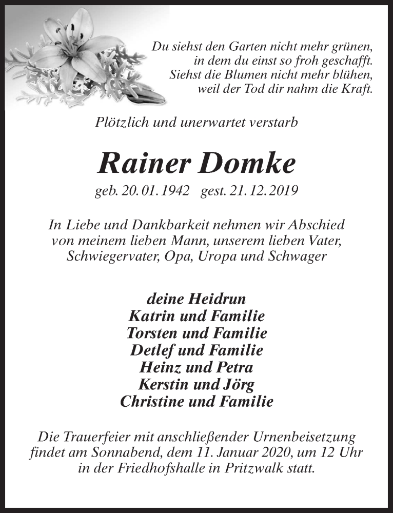  Traueranzeige für Rainer Domke vom 04.01.2020 aus Märkischen Allgemeine Zeitung