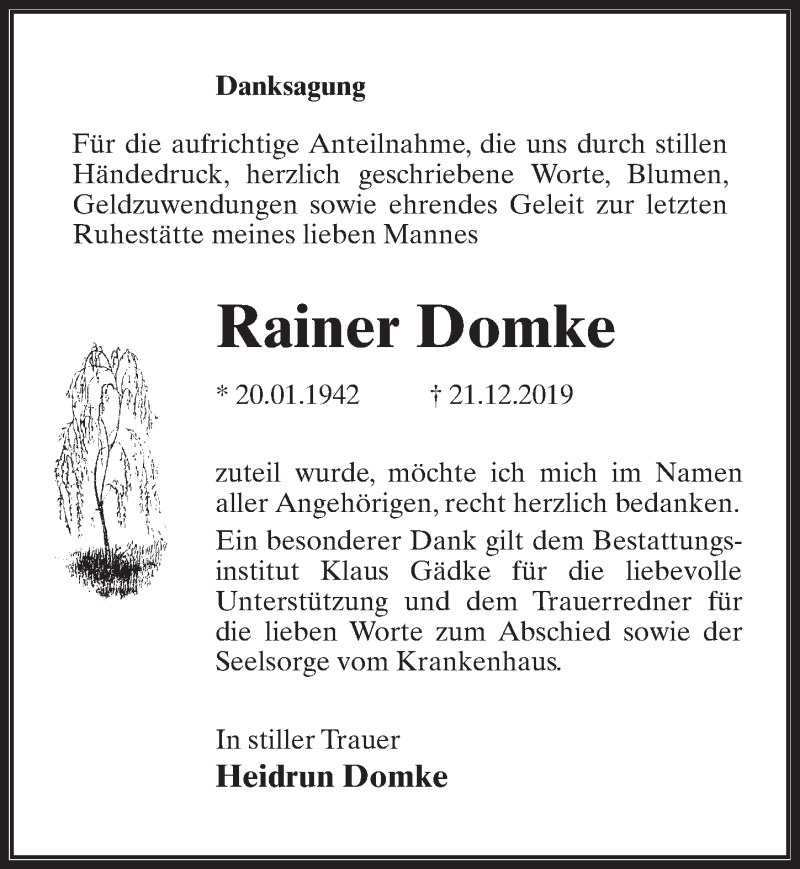  Traueranzeige für Rainer Domke vom 25.01.2020 aus Märkischen Allgemeine Zeitung