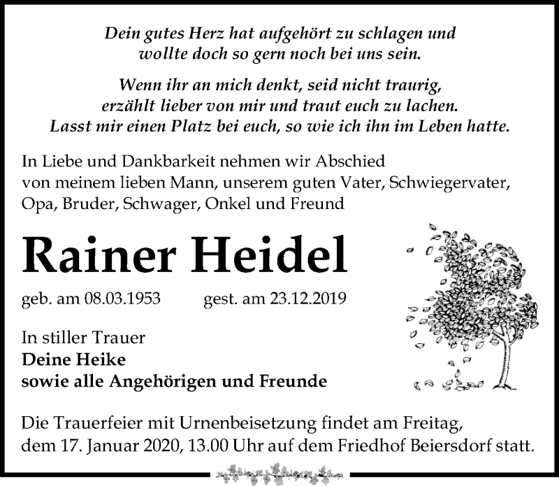  Traueranzeige für Rainer Heidel vom 04.01.2020 aus Leipziger Volkszeitung