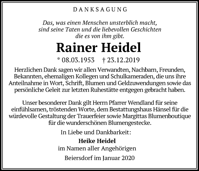  Traueranzeige für Rainer Heidel vom 25.01.2020 aus Leipziger Volkszeitung
