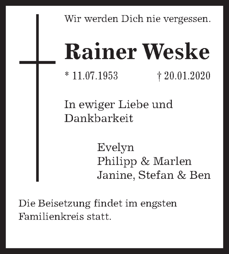  Traueranzeige für Rainer Weske vom 25.01.2020 aus Hannoversche Allgemeine Zeitung/Neue Presse