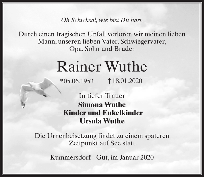  Traueranzeige für Rainer Wuthe vom 25.01.2020 aus Märkischen Allgemeine Zeitung