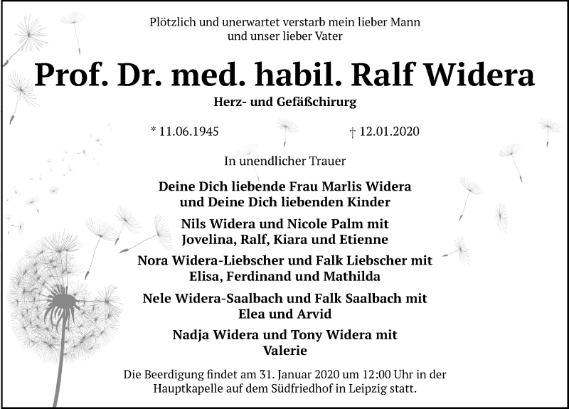  Traueranzeige für Ralf Widera vom 18.01.2020 aus Leipziger Volkszeitung