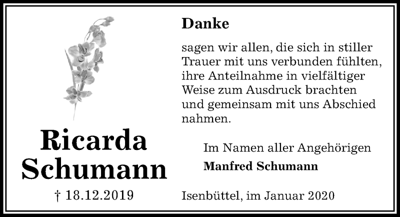  Traueranzeige für Ricarda Schumann vom 18.01.2020 aus Aller Zeitung