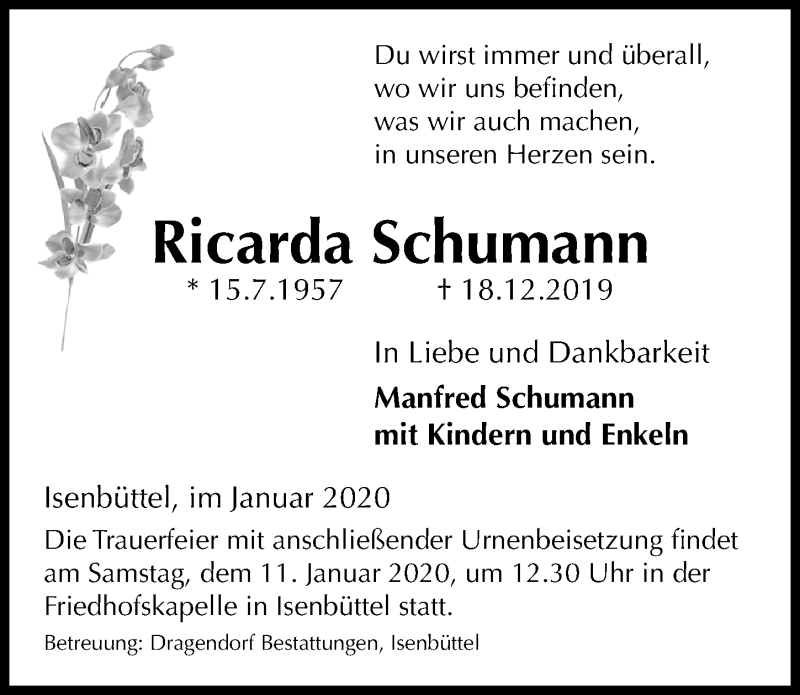  Traueranzeige für Ricarda Schumann vom 04.01.2020 aus Aller Zeitung