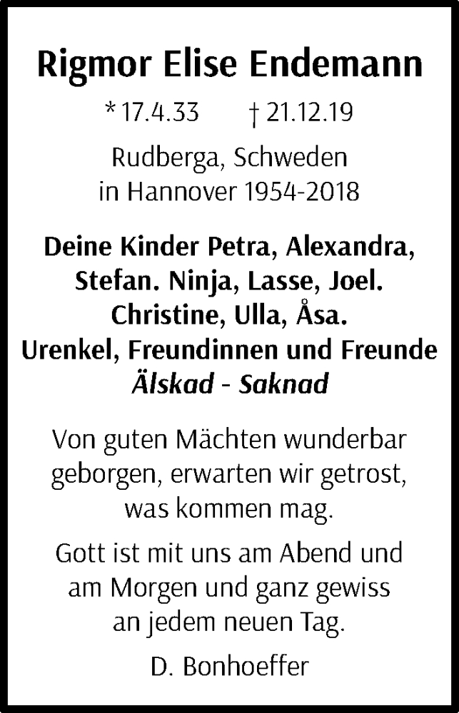  Traueranzeige für Rigmor Elise Endemann vom 18.01.2020 aus Hannoversche Allgemeine Zeitung/Neue Presse