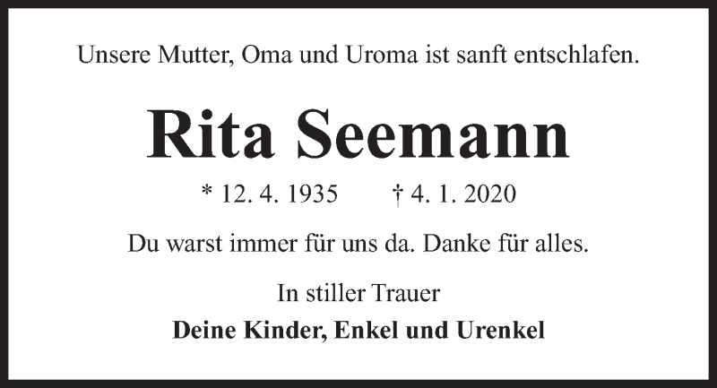  Traueranzeige für Rita Seemann vom 14.01.2020 aus Kieler Nachrichten