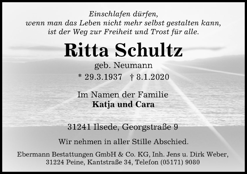  Traueranzeige für Ritta Schultz vom 14.01.2020 aus Peiner Allgemeine Zeitung