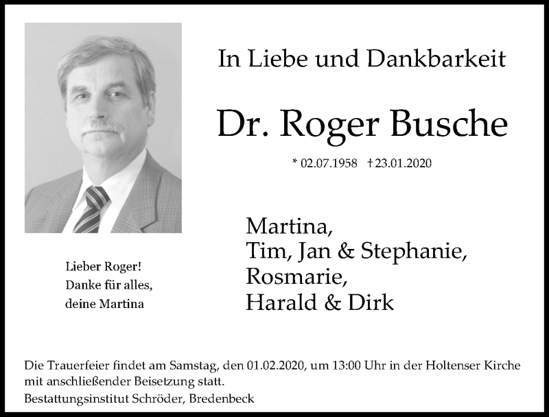  Traueranzeige für Roger Busche vom 29.01.2020 aus Hannoversche Allgemeine Zeitung/Neue Presse