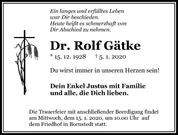 Traueranzeige von Rolf Gätke von Märkischen Allgemeine Zeitung