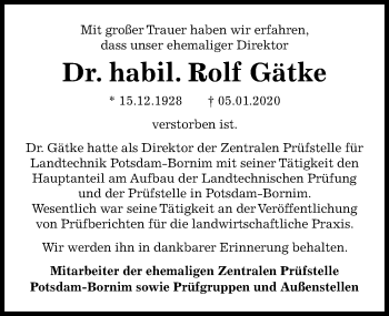 Traueranzeige von Rolf Gätke von Märkischen Allgemeine Zeitung