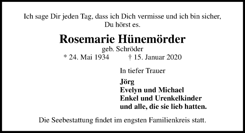  Traueranzeige für Rosemarie Hünemörder vom 26.01.2020 aus Lübecker Nachrichten