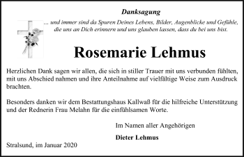 Traueranzeige von Rosemarie Lehmus von Ostsee-Zeitung GmbH