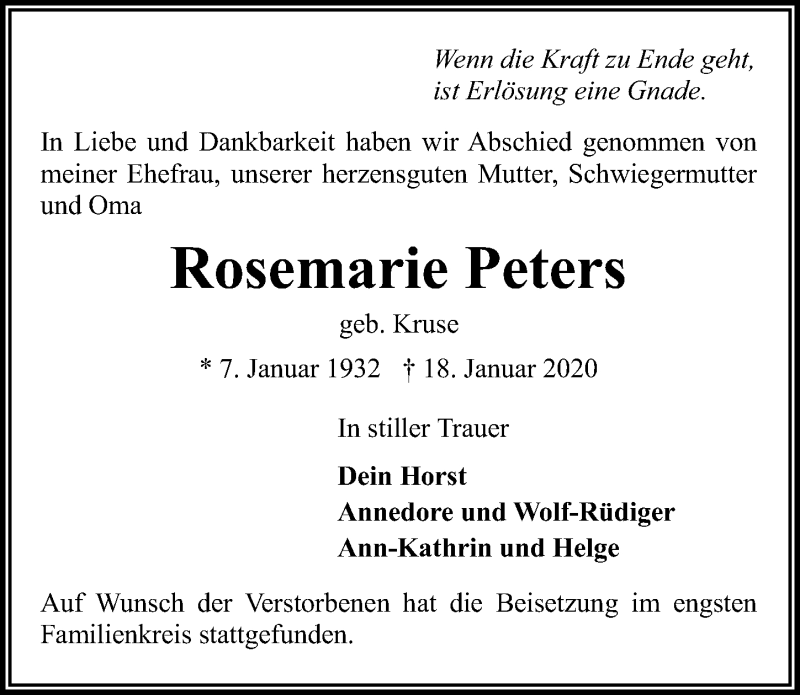  Traueranzeige für Rosemarie Peters vom 26.01.2020 aus Lübecker Nachrichten