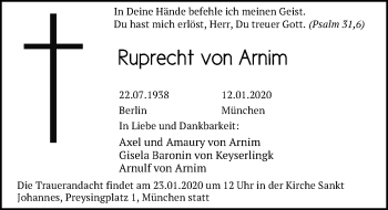 Traueranzeige von Ruprecht von Arnim von Leipziger Volkszeitung