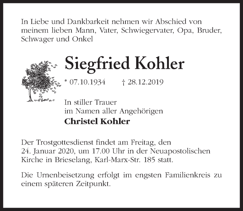  Traueranzeige für Siegfried Kohler vom 11.01.2020 aus Märkischen Allgemeine Zeitung