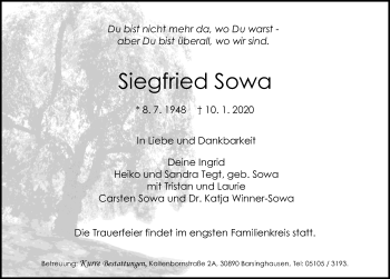 Traueranzeige von Siegfried Sowa von Hannoversche Allgemeine Zeitung/Neue Presse