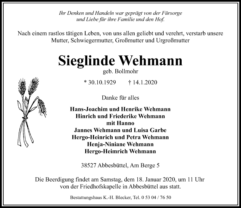  Traueranzeige für Sieglinde Wehmann vom 16.01.2020 aus Aller Zeitung