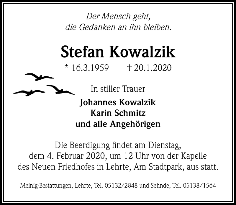  Traueranzeige für Stefan Kowalzik vom 25.01.2020 aus Hannoversche Allgemeine Zeitung/Neue Presse