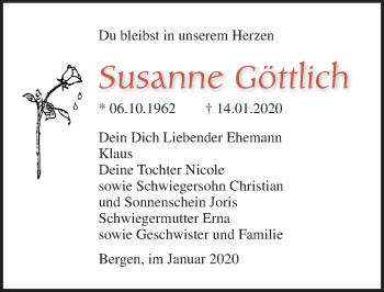 Traueranzeige von Susanne Göttlich von Ostsee-Zeitung GmbH