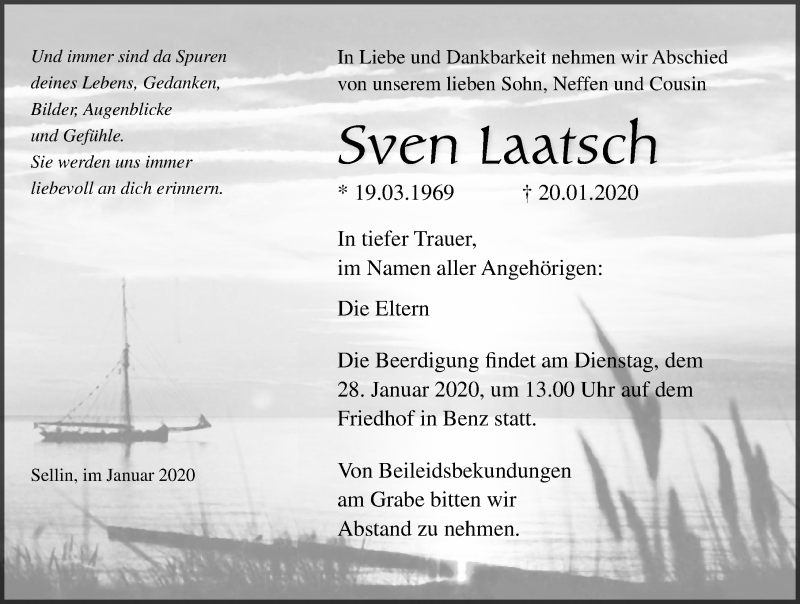  Traueranzeige für Sven Laatsch vom 25.01.2020 aus Ostsee-Zeitung GmbH