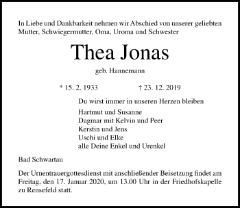 Traueranzeige von Thea Jonas von Lübecker Nachrichten