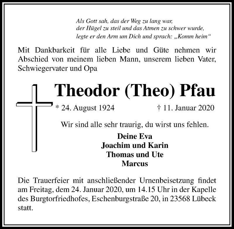  Traueranzeige für Theodor  Pfau vom 19.01.2020 aus Lübecker Nachrichten