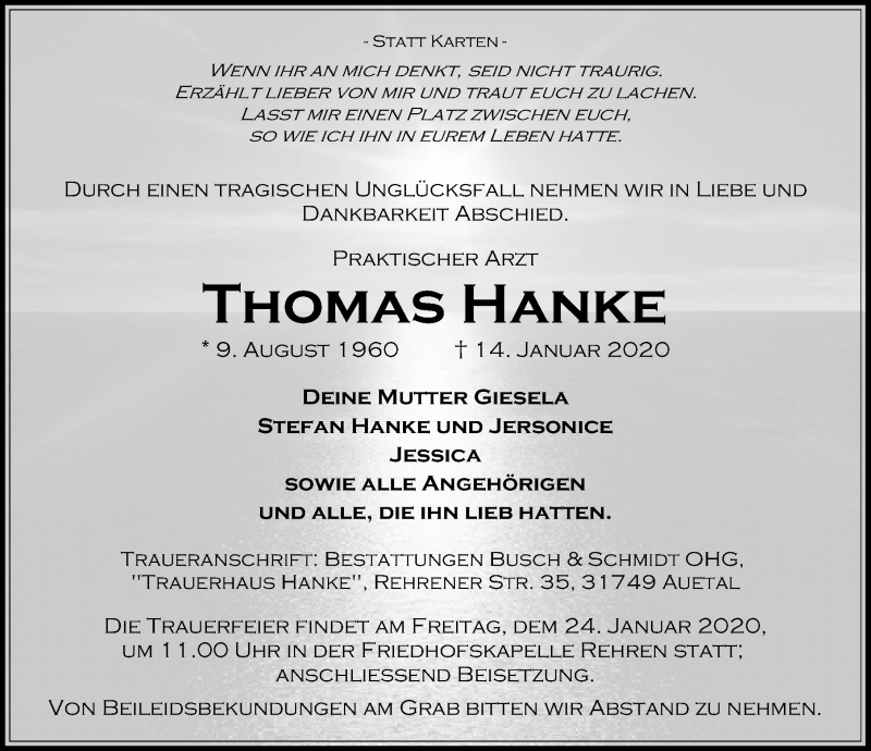  Traueranzeige für Thomas Hanke vom 18.01.2020 aus Schaumburger Nachrichten
