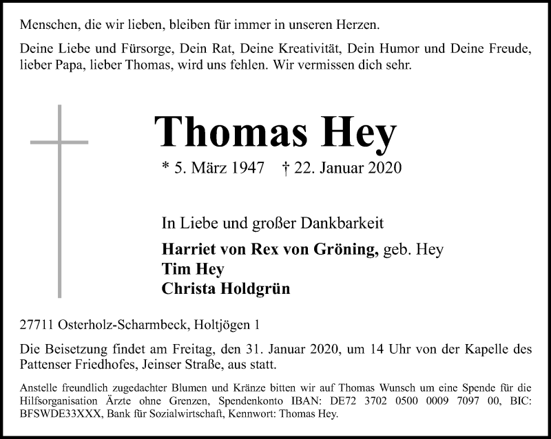  Traueranzeige für Thomas Hey vom 29.01.2020 aus Hannoversche Allgemeine Zeitung/Neue Presse