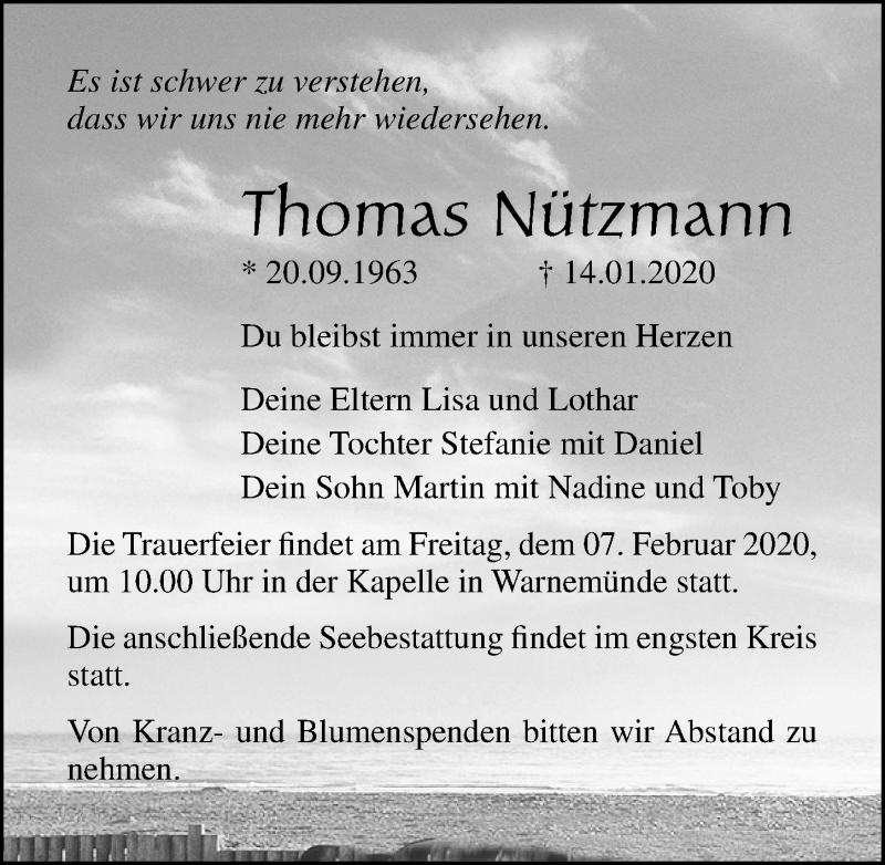  Traueranzeige für Thomas Nützmann vom 18.01.2020 aus Ostsee-Zeitung GmbH