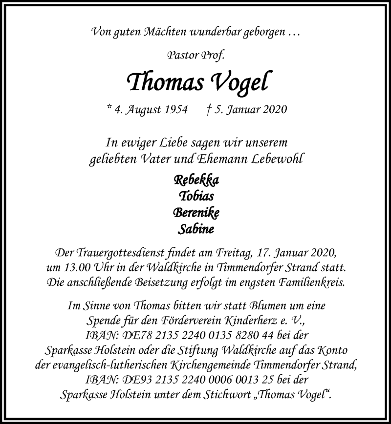  Traueranzeige für Thomas Vogel vom 12.01.2020 aus Lübecker Nachrichten