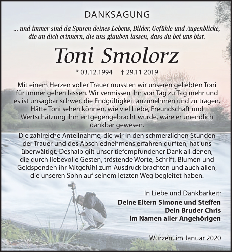  Traueranzeige für Toni Smolorz vom 18.01.2020 aus Leipziger Volkszeitung