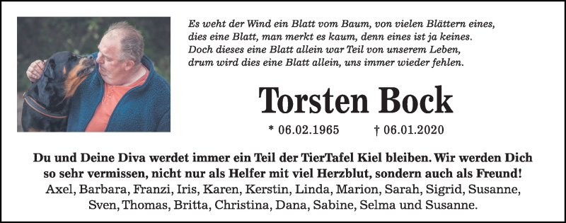  Traueranzeige für Torsten Bock vom 11.01.2020 aus Kieler Nachrichten