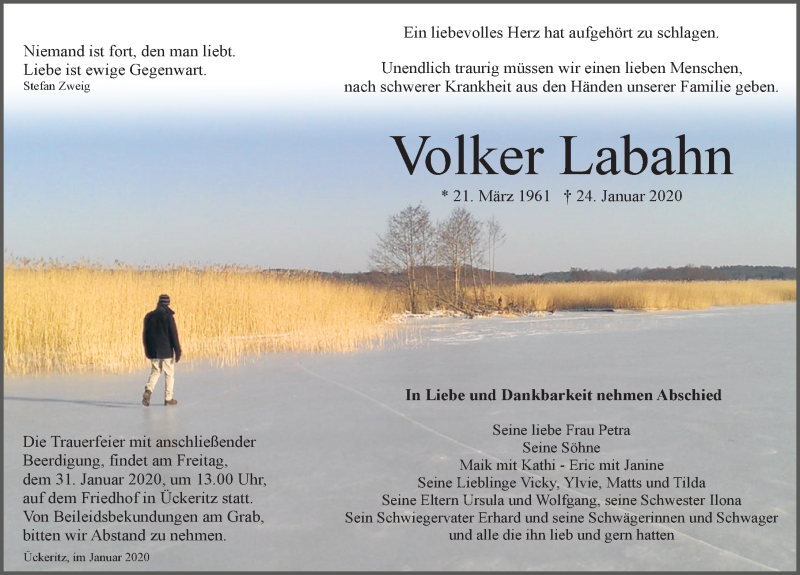  Traueranzeige für Volker Labahn vom 29.01.2020 aus Ostsee-Zeitung GmbH
