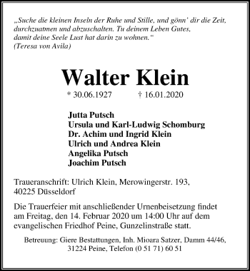 Traueranzeige von Walter Klein von Peiner Allgemeine Zeitung