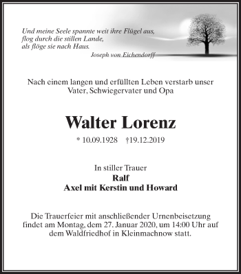 Traueranzeige von Walter Lorenz von Märkischen Allgemeine Zeitung