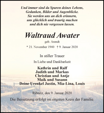 Traueranzeige von Waltraud Awater von Ostsee-Zeitung GmbH