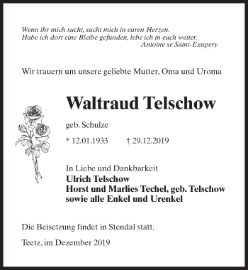 Traueranzeige von Waltraud Telschow von Märkischen Allgemeine Zeitung