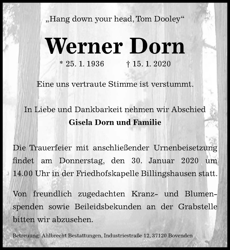  Traueranzeige für Werner Dorn vom 18.01.2020 aus Göttinger Tageblatt