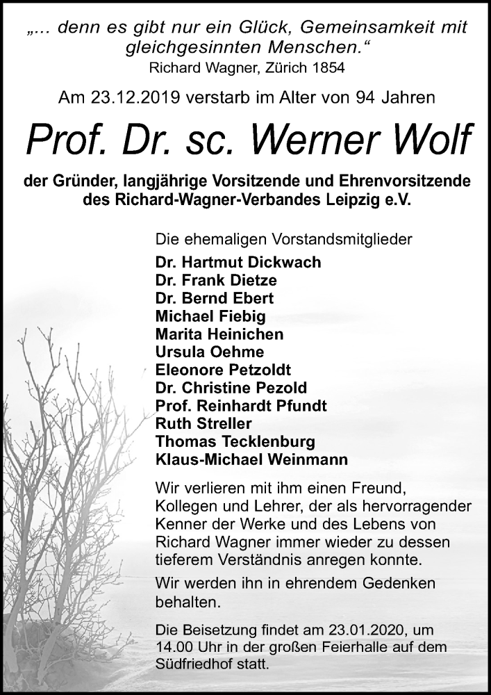  Traueranzeige für Werner Wolf vom 11.01.2020 aus Leipziger Volkszeitung