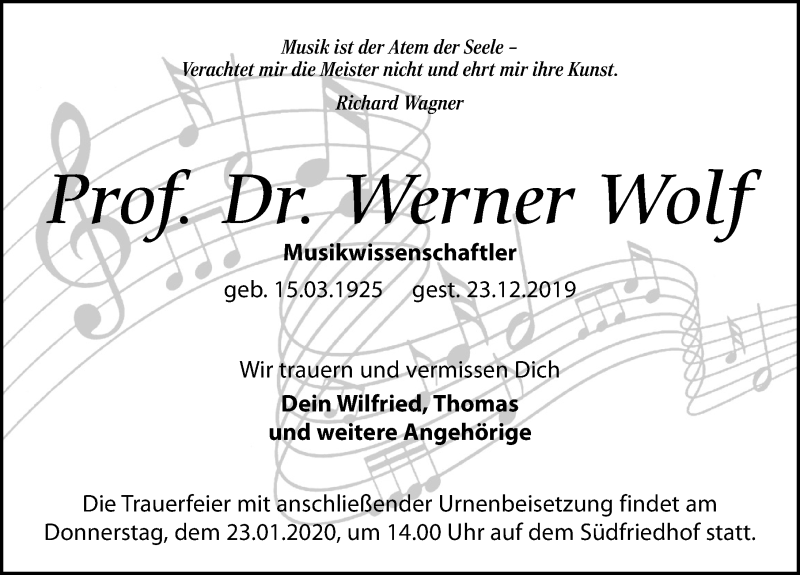  Traueranzeige für Werner Wolf vom 11.01.2020 aus Leipziger Volkszeitung
