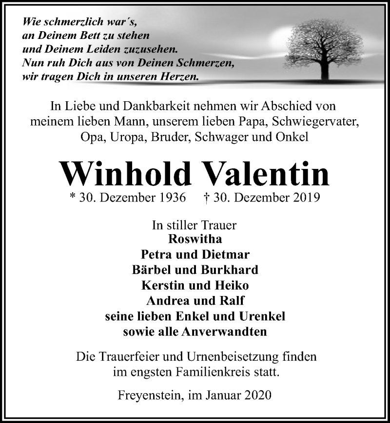  Traueranzeige für Winhold Valentin vom 04.01.2020 aus Märkischen Allgemeine Zeitung