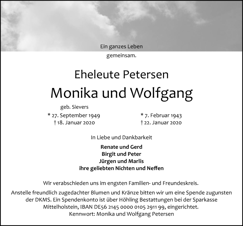  Traueranzeige für Wolfgang Petersen vom 01.02.2020 aus Kieler Nachrichten