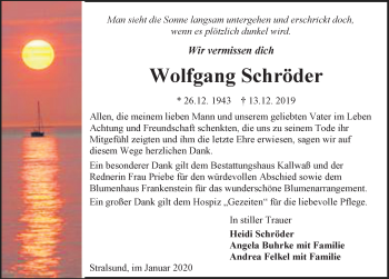 Traueranzeige von Wolfgang Schröder von Ostsee-Zeitung GmbH