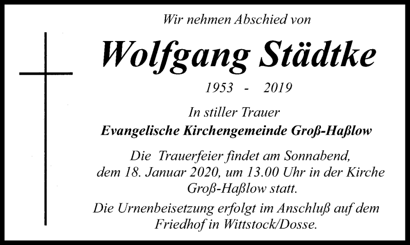  Traueranzeige für Wolfgang Städtke vom 11.01.2020 aus Märkischen Allgemeine Zeitung