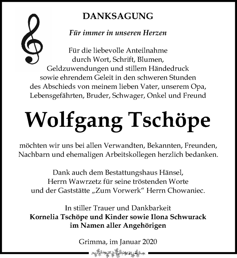  Traueranzeige für Wolfgang Tschöpe vom 11.01.2020 aus Leipziger Volkszeitung