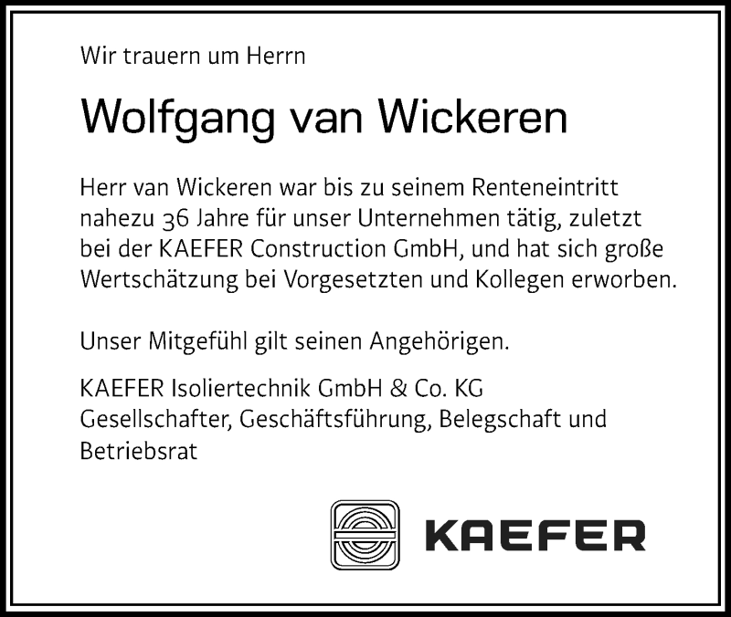  Traueranzeige für Wolfgang van Wickeren vom 25.01.2020 aus Kieler Nachrichten