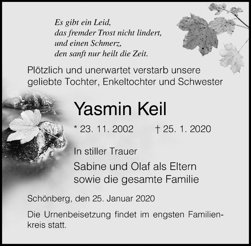  Traueranzeige für Yasmin Keil vom 31.01.2020 aus Ostsee-Zeitung GmbH