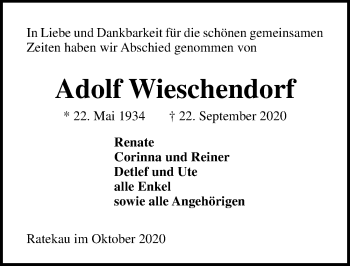 Traueranzeige von Adolf Wieschendorf von Lübecker Nachrichten